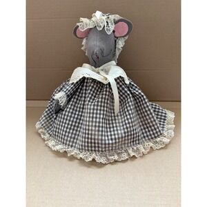 Vintage Folk Art Mouse Fabric Plaid Dress Bonnet‎ Lace Trim Toliet Paper Holder